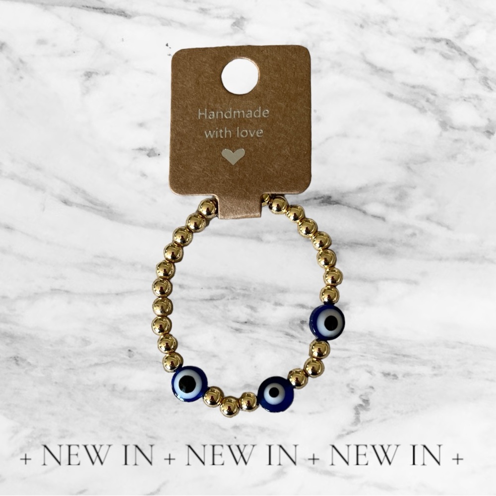 10mm Blue Evil Eye with 14kt Gold filled 6mm beads Stretch Bracelet